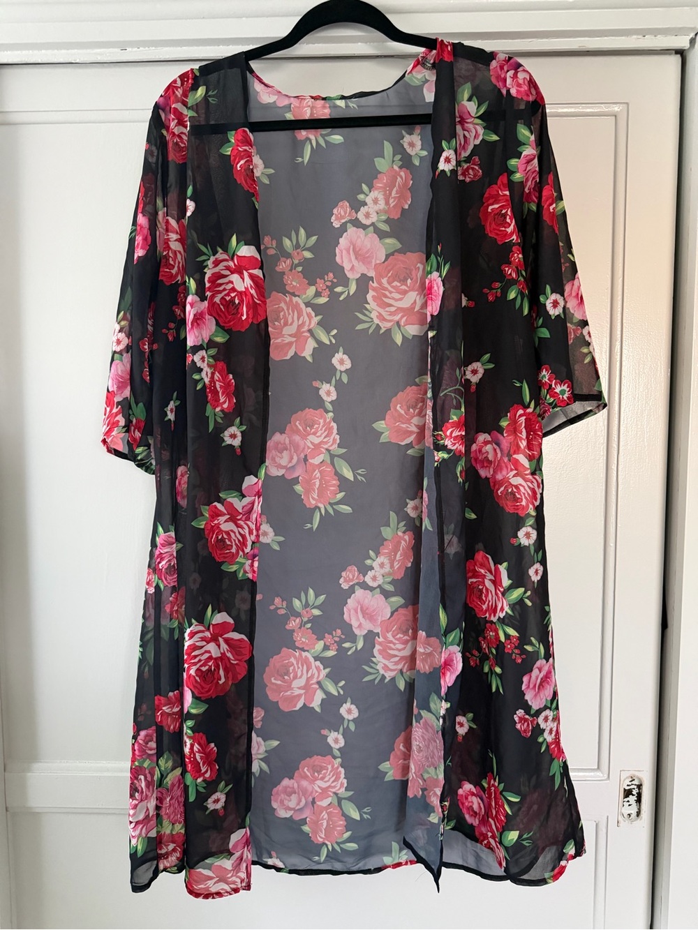 Floral Sheer Kimono Cardigan - Black with Pink Rose Print